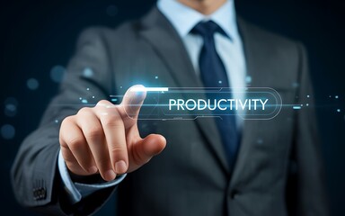 Businessman pointing at a glowing virtual interface with the word productivity