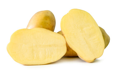 Two tubers of raw potatoes with two halves in pile isolated on white background with clipping path