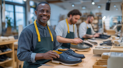 A diverse team of shoemakers repairing footwear in a bright, modern workshop, highlighting teamwork, professionalism, sustainability, innovation, and the revival of traditional repair services in a