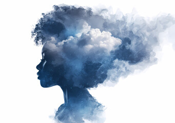 Artistic portrait silhouette woman blue ink clouds