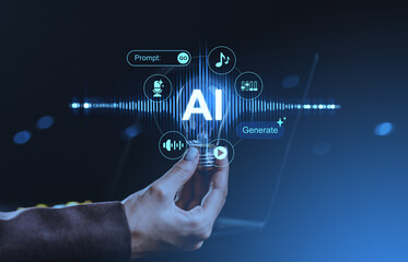 AI-generated music interface concept with futuristic digital icons and soundwave graphics on dark blue background held by hand symbolizing tech innovation.