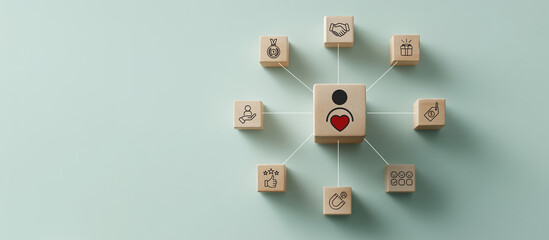 Building customer loyalty and trust concept. Wooden blocks with icons for loyalty, rewards, trust, support, quality, price and satisfaction. Brand loyalty and customer relationship growth.