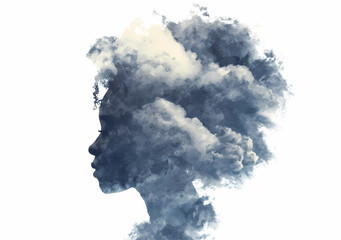 Artistic portrait silhouette woman blue ink clouds