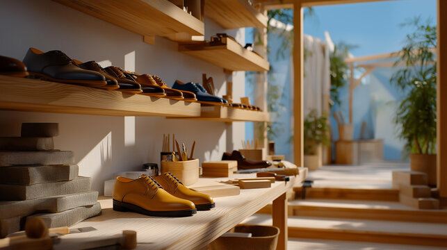 A well-organized shoe repair workshop with shelves of restored and pending shoes, natural light, and handcrafted tools, symbolizing efficiency, sustainability, artisanal quality, and the revival of