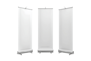 Three blank white roll up banner stands isolated on transparent background