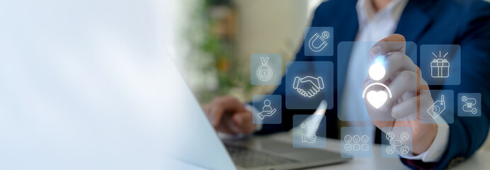 Customer relationship and brand loyalty strategy concept. Using a digital interface with icons representing loyalty, customer trust, satisfaction, rewards, support, quality and price.