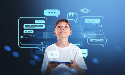 Kid using digital tablet surrounded by AI chatbot interface elem