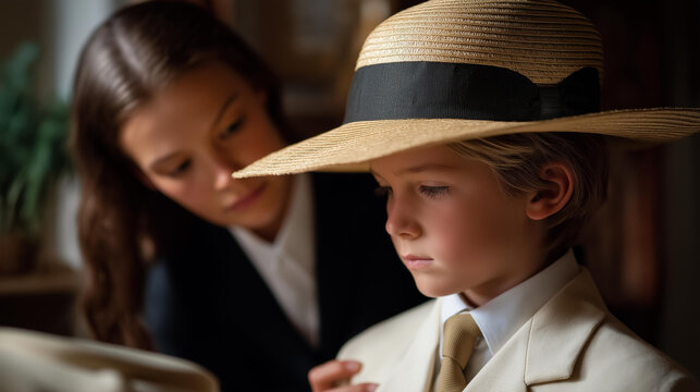 A young apprentice learning hat tailoring techniques from an experienced milliner, representing mentorship, education, skill development, tradition, and the transmission of craftsmanship in