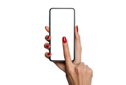 Woman s hand holding a smartphone with a blank screen isolated on transparent background