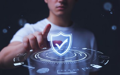 Cybersecurity verification A person's hand activating a secure digital shield, ensuring data privacy and online protection in a modern technological interface