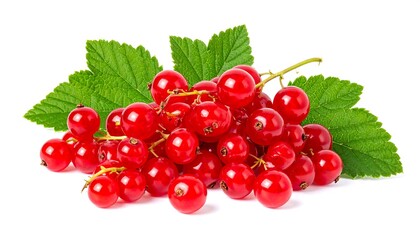 Pile of vibrant red currants with green leaves against a stark white background. Close-up, fresh, and inviting