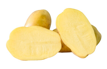 Two tubers of raw potatoes with two halves in pile isolated with clipping path in png file format