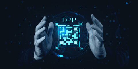 Digital Product Passport (DPP) concept with hands surrounding glowing QR code in futuristic technology environment on dark blue background.