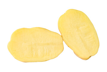 Two halves of potato tuber in stack isolated on white background with clipping path