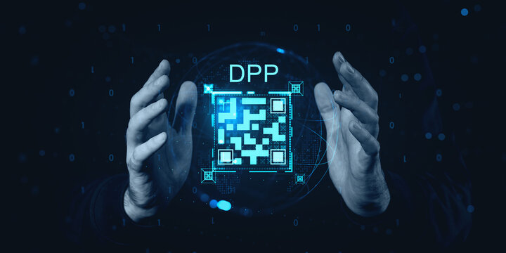 Digital Product Passport (DPP) concept with hands surrounding glowing QR code in futuristic technology environment on dark blue background.