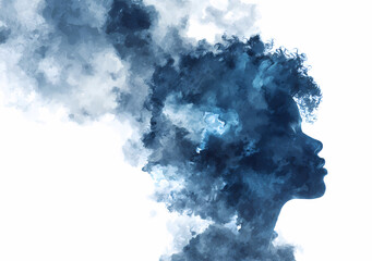 Artistic portrait silhouette woman blue ink clouds