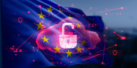 Cybersecurity breach concept with open padlock hologram over European Union flag background representing digital data vulnerability in EU region. 3D Rendering