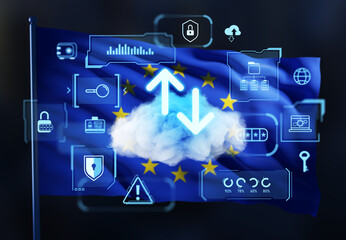 Naklejka na ściany i meble European Union cloud data security concept with digital upload and download icons over EU flag in double exposure style. 3D Rendering