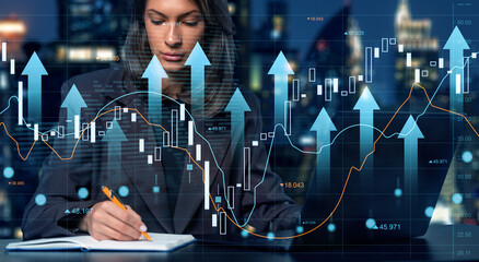 Businesswoman analyzing forex candlestick chart with financial d
