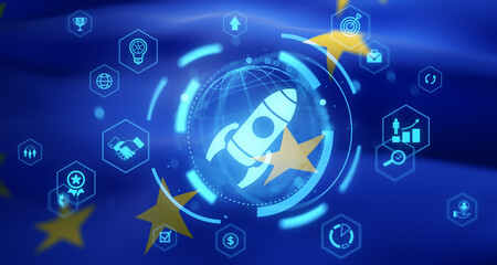 Startup launch and innovation icons over European Union flag with futuristic digital interface concept and glowing rocket illustration in center. 3D Rendering