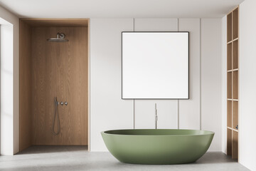 Minimalist bathroom interior with green bathtub, wooden shower partition, and blank poster on white wall background for modern design mockup template. 3D Rendering