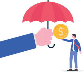 Businessman holding an umbrella protecting another businessman carrying a dollar coin illustration of business financial insurance

