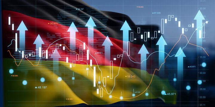 Germany economy growth concept with financial stock market data and uptrend arrows on German flag background in futuristic digital interface style. 3D Rendering