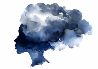 Artistic portrait silhouette woman blue ink clouds