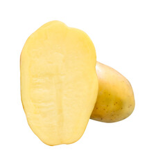Raw potato tuber with half in pile isolated on white background with clipping path.