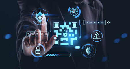 Digital security interface with person interacting with virtual QR code, password icons, and...
