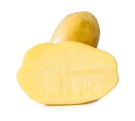 Raw potato tuber with half in pile isolated on white background with clipping path.