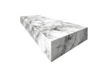 Rectangular marble block with white and grey veining isolated on transparent background