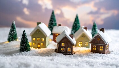 Fototapeta premium Miniature winter village houses glow warmly amidst snow-covered terrain, with pine trees and a soft, cloudy sunset backdrop