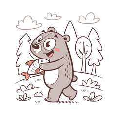 Cute cartoon panda walking in forest holding a mushroom happy animal character design isolated on transparent background