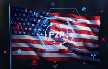 P2P financial technology concept with warning symbols over USA flag using double exposure digital interface style on dark background backdrop. 3D Rendering