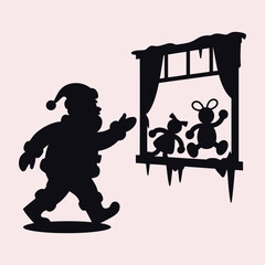Silhouette of Santa Claus reaching towards toys in a window with icicles teddy bear