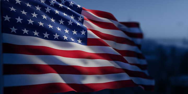 Waving United States flag with detailed texture and lighting against a soft blue background, symbolizing patriotism and national pride concept. 3D Rendering