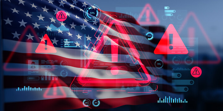 Cybersecurity threat concept with warning symbols and data holograms over American flag background representing digital danger in national systems. 3D Rendering