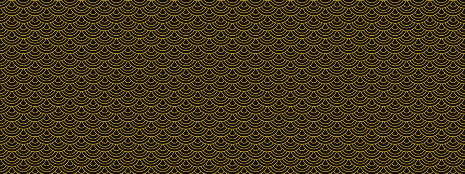 Golden Japanese pattern background with wave scale design. Repeating arcs, curves, semicircles, shells create fish-scale texture. Vector seamless oriental motif.