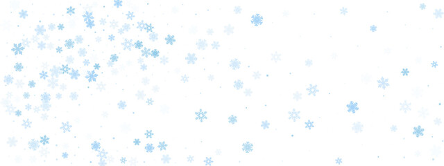 Snowflake background. Light winter falling flake texture. Blue frosty crystal pattern on white border. Cold season abstract sky with snowy decor. Vector illustration.