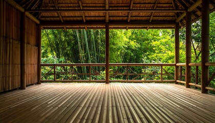 Fototapeta premium Open bamboo structure frames verdant foliage, sunlight dappling the slatted floor creating serene ambiance