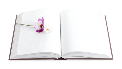 Open blank book with white pages, thin brown cover, and two cosmos flowers resting upon the left-hand page