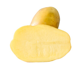 Raw potato tuber with half in pile isolated with clipping path in png file format