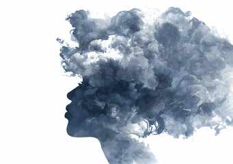 Artistic portrait silhouette woman blue ink clouds