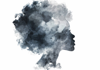 Artistic portrait silhouette woman blue ink clouds