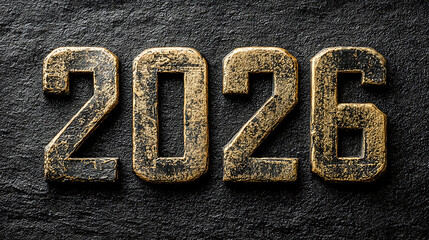 Year two thousand and twenty six golden numbers on a dark textured background close up macro shot detail