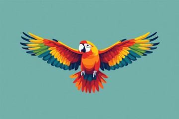 Fototapeta premium Colorful macaw parrot with wings spread wide, displayed against a teal background.