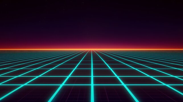 The image features a retro-style grid in teal against a dark gradient background, evoking an 80s synthwave aesthetic with a horizon line and a few distant stars.