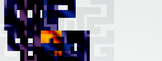 Abstract digital artwork. Dark blues, purples dominate with bright orange focal point. Geometric shapes create complex pattern.