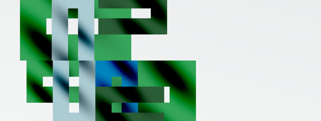 Abstract geometric shapes dominate image. Green, blue, white hues blend, creating layered visual effect. Minimalist composition.